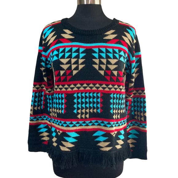 Mo Vint Geometric Pattern Sweater SMALL Fringe Hem Southwestern Atzec Western - Picture 1 of 10